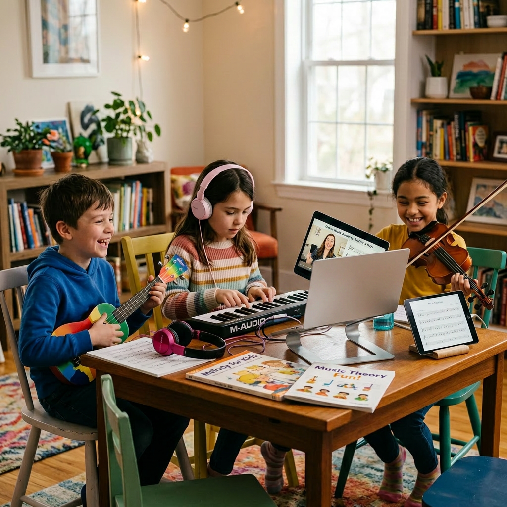 Three children playing ukulele, keyboard, and violin while following an online music lesson on a laptop