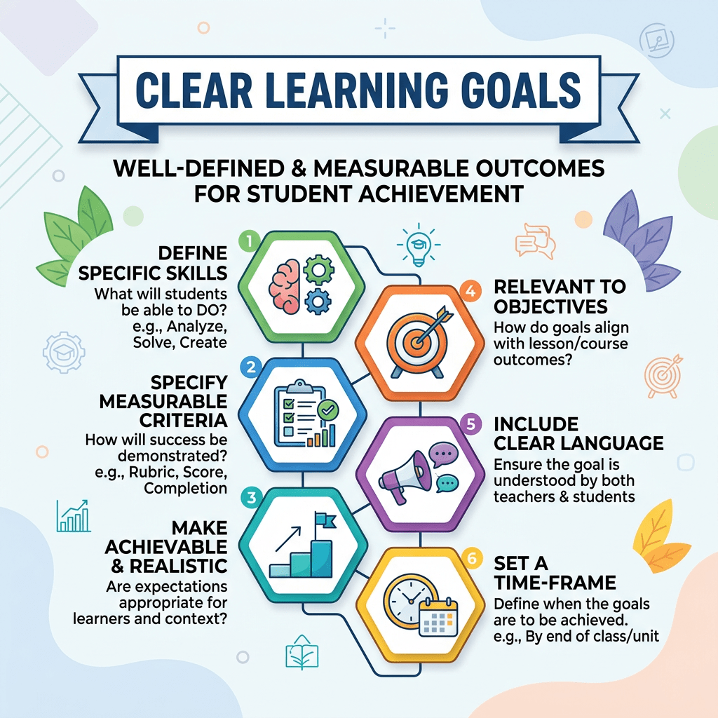 Infographic outlining six steps for clear learning goals including defining skills, measurable criteria, achievability, relevance, clear language, and time frame.