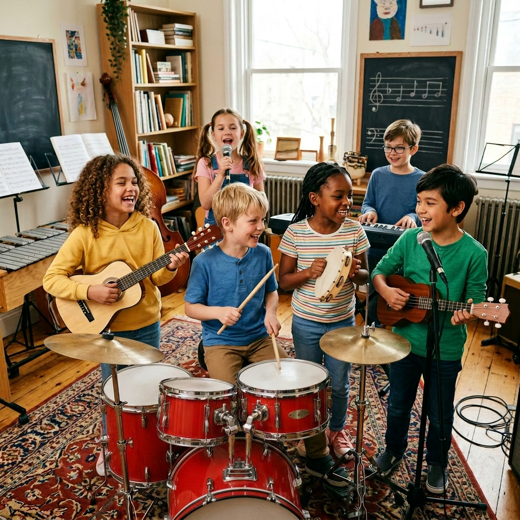 Six children playing drums, guitars, keyboard, tambourine, and singing in a music room