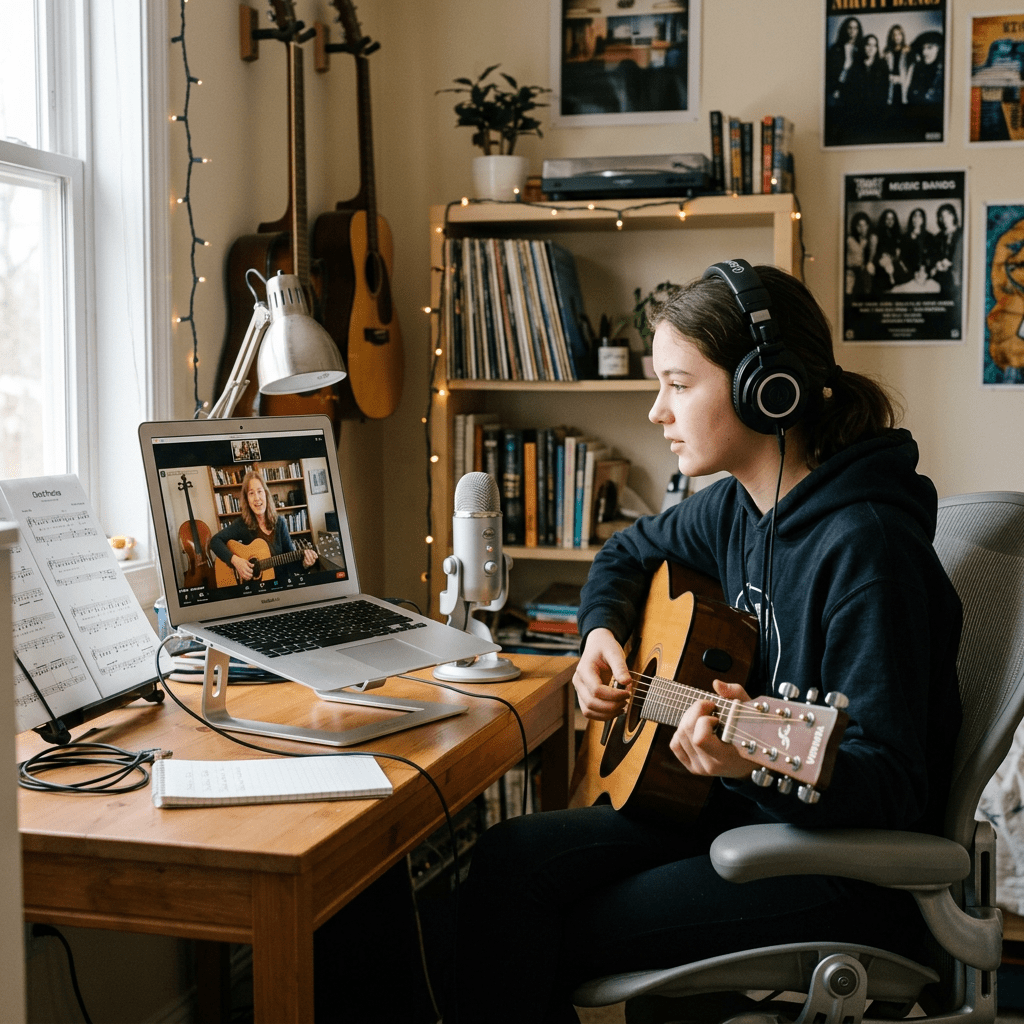 Young person playing acoustic guitar in front of laptop showing guitar instructor on video call