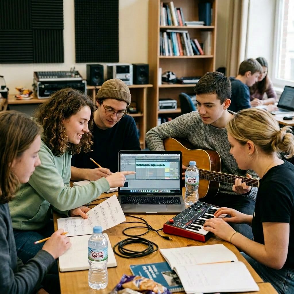 Five people collaborating around a table with laptop showing music software, guitar, and keyboard