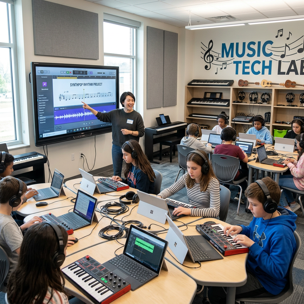 Teacher pointing to music software on screen with students using laptops and MIDI keyboards